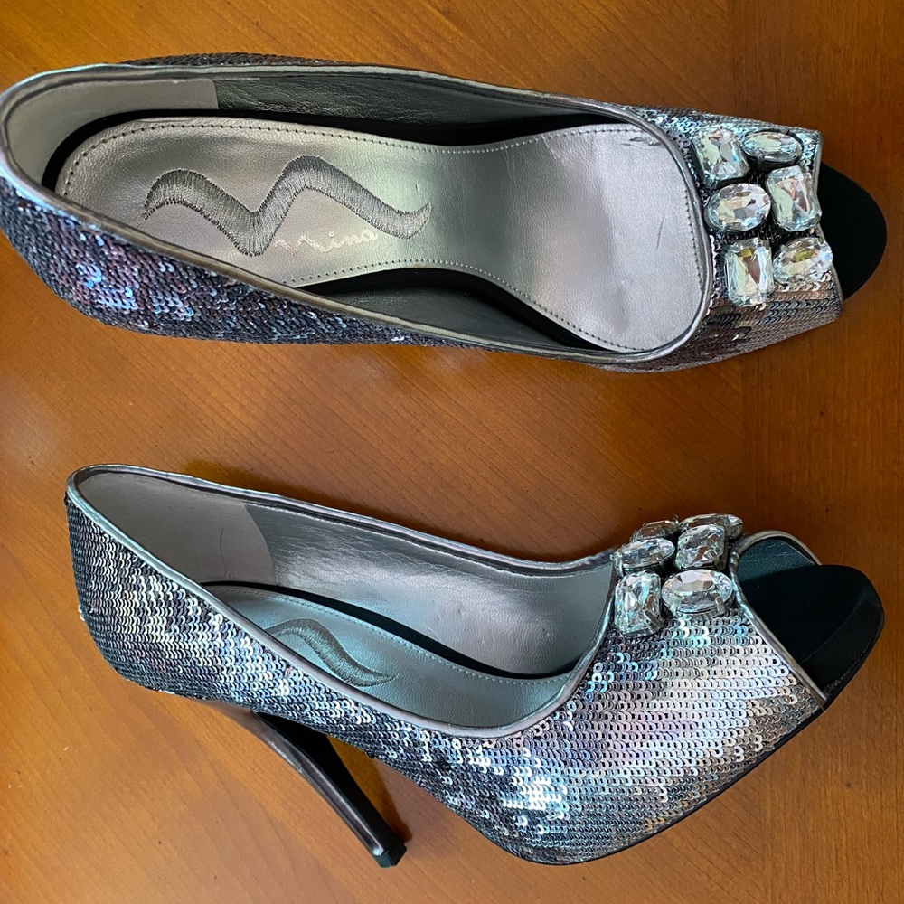 NINA Sequin Peep Toe Heels w/ Jewels
